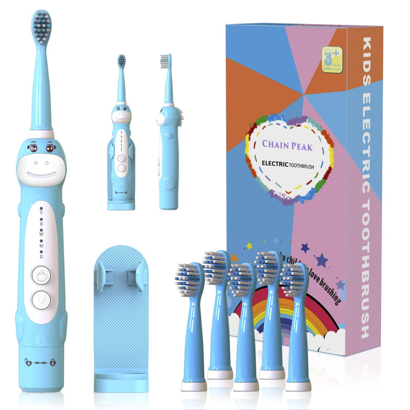 Dinosaur Toothbrush, Kids Sonic Electric Toothbrush for Children, Toddlers Boys Girls Age 3-12 with 30s Reminder, 2 Mins Timer, 5 Modes, 6 Brush Heads, Rechargeable, Wall-Mounted Holder 8680 Blue+ 6 Heads+ Holder(package Might Vary) - NewNest Australia