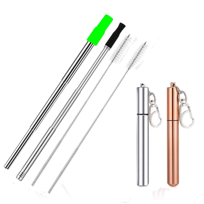 2 Pcs Portable Metal Straws, 3-Section Adjustable Telescopic Straw with Silicone Tips Cover, Aluminum Keychain Case and Telescopic Cleaning Brush, Unique Design for Home Travel(Silver & Gold) - NewNest Australia