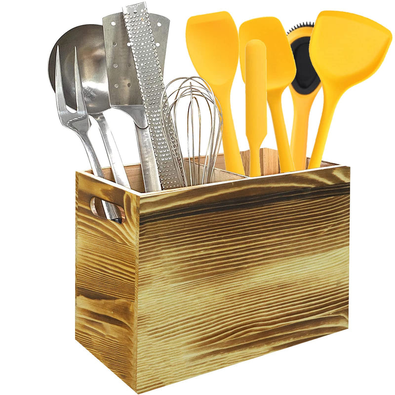 Wooden Utensil Holder Bamboo Organiser Kitchen Utensils Cutlery Holder with 2 Compartments, Wood Cutlery Caddy Holders, Cooking Tools Set Storage Pots (Natural with 2 Compartments) Natural With 2 Compartments - NewNest Australia