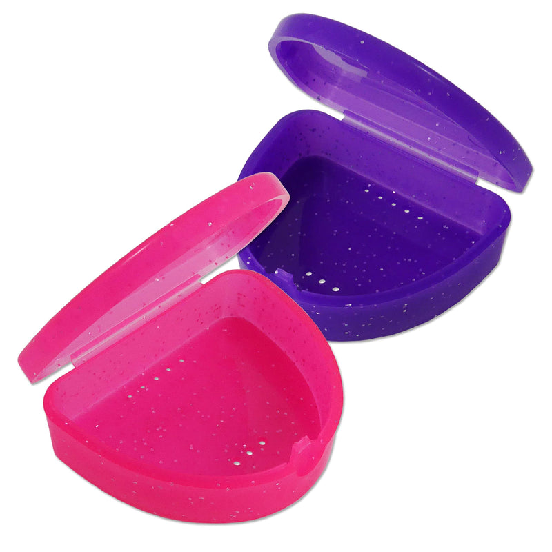 Slim Orthodontic Dental Case x 2 - Colour & Glitter Choices for Retainers, Bleaching Trays, Dentures & More (Glitter Pink & Glitter Purple) Glitter Pink & Glitter Purple - NewNest Australia