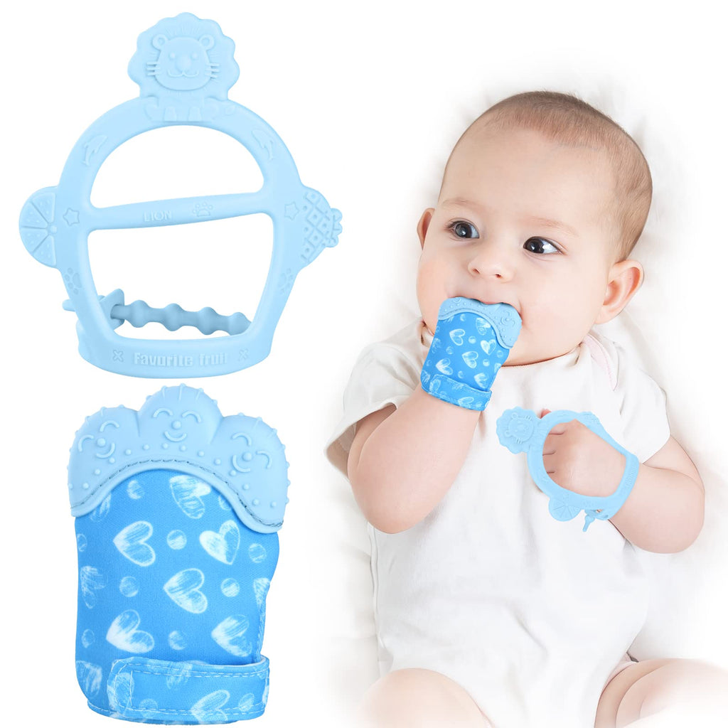 Vicloon Baby Teething Set,Teething Mittens for Baby,Includes Baby Chew Toy and Teething Glove, Silicone Mitten Teether Glove,Infant Soothing Pain Relief Mitt Baby Teether Mits for Baby (Blue) blue-blue - NewNest Australia