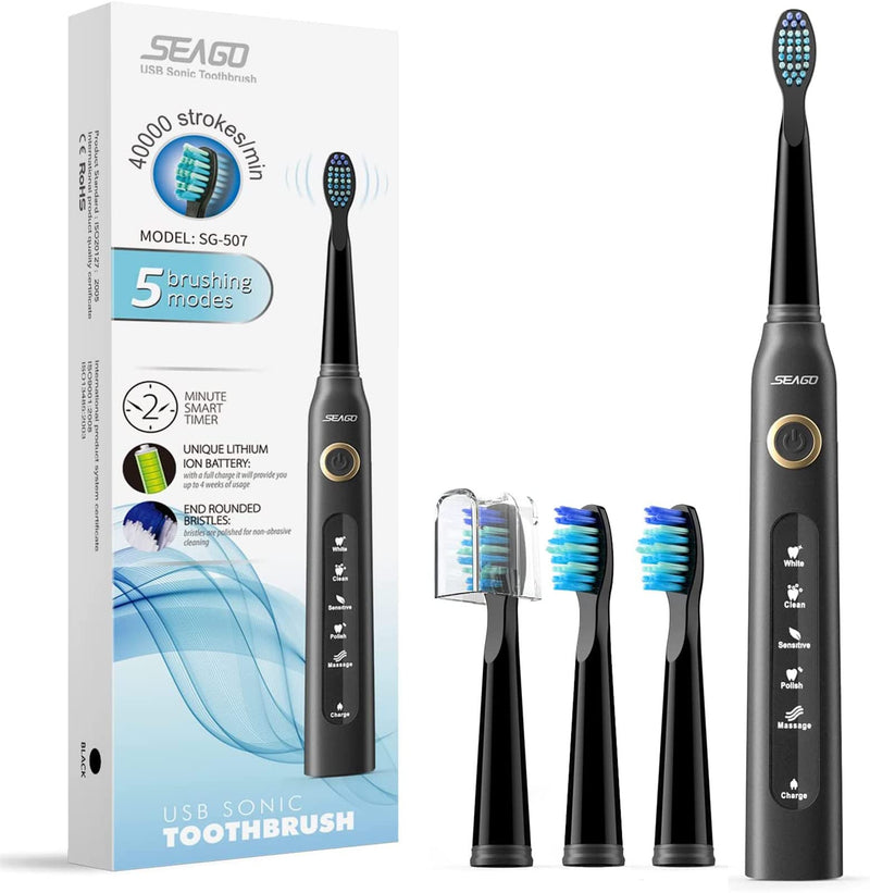 Seago Sonic Electric Toothbrush 507 for Adults, 40,000VPM Ultrasonic Rechargeable Toothbrushes with Smart Timer, 4 Dupont Brush Heads, 5 Cleaning Modes, IPX7 Waterproof (SG-507 Black) Sg-507 Black - NewNest Australia