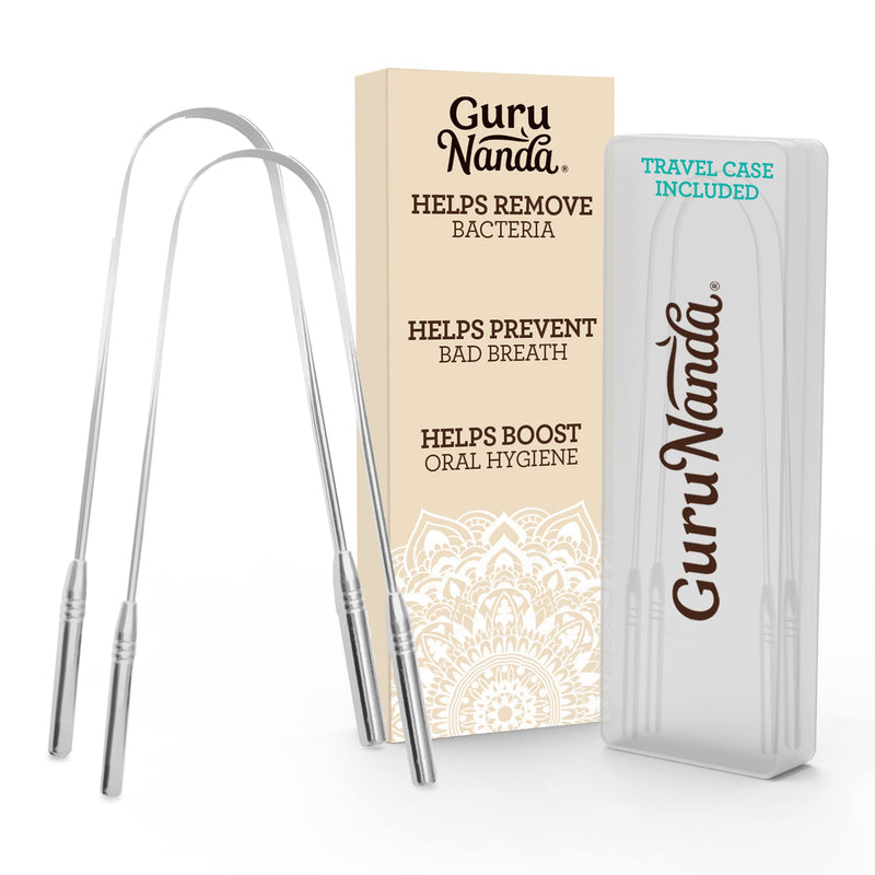 GuruNanda Stainless Steel Tongue Scraper, U-Shaped Ergonomic Design, Fights Bad Breath, Great for Oral Hygiene, Medical Grade 100% Stainless Steel with Case for Adults & Kids U-Shape 2 Pack U-Shape Pack of 2 - NewNest Australia