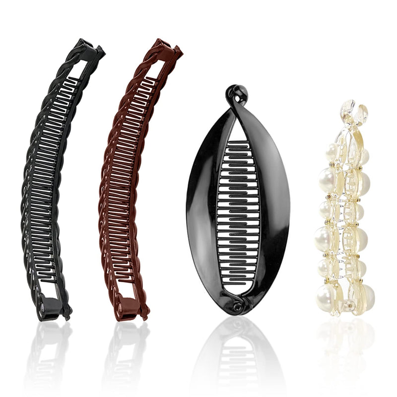 4 Pcs Banana Hair Clips, Double Combs Fishtail Pearl Hair Clip Hair Accessories, Retro Plastic Comb Grips Hair Comb Clips, DIY Hairstyles, for Thick Fluffy Hair, Curly Hair. - NewNest Australia