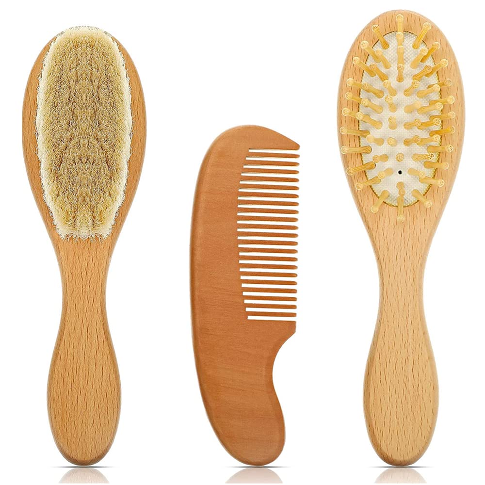 3 Pieces Baby Hair Brush & Comb Set, Infants and Toddlers Natural Wooden Hairbrush with Soft Goat Bristles for Cradle Cap and Massage, Baby Shower and Scalp Grooming - NewNest Australia