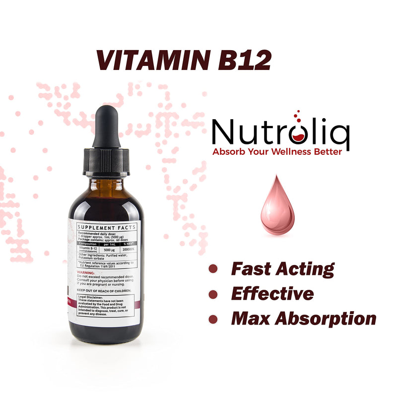 Nutroliq Vitamin B12 Liquid Drops - High-Strength 5000mcg Methylcobalamin Supplement - Energy Booster, Immune System Support, Better Concentration and Metabolism - Vegan & Vegetarian Formula - 60ml - NewNest Australia