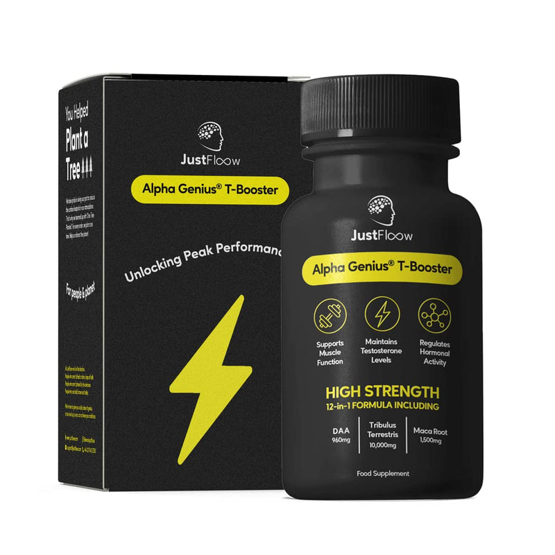 JustFloow Alpha Genius® Testosterone Booster for Men | Natural Testo Supplement | 12 High Strength Ingredients - Tribulus Terrestris, D-Aspartic Acid, Maca Roots | Support Recovery & Muscle Function - NewNest Australia