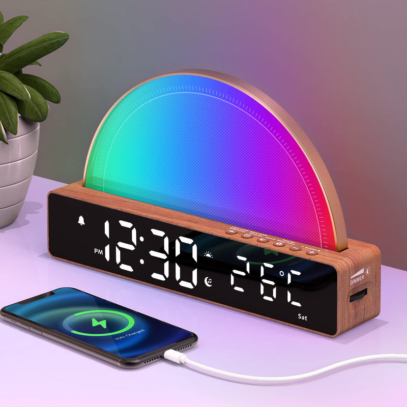 Sunrise Alarm Clock, Wake Up Light with Sunrise Simulation, White Noise Machine, Touch Control Bedside Lamps Dimmable Multicolor Night Light, 10 Nature Sounds, Snooze/Timer/Temperature Display Wooden - NewNest Australia