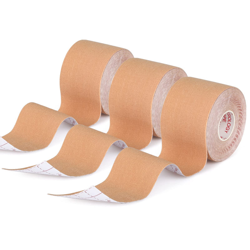 LDKJ 3 Rolls Kinesiology Tapes, Elastic Water Resistant Muscle Tape 5m x 5cm, Adhesive Uncut Sports Tape Breathable and Soft, Muscle Tape for Shoulder Knee Ankle (Beige) Beige - NewNest Australia