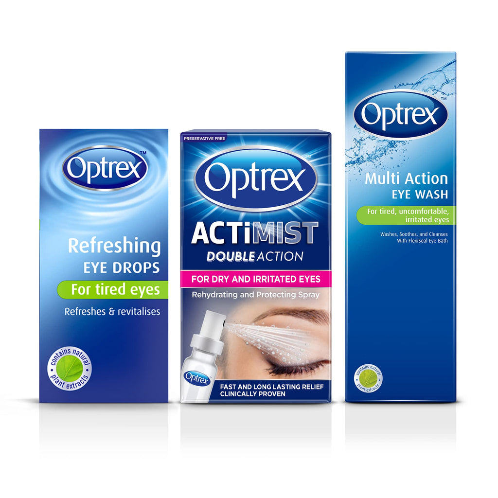 Optrex Eye Drops for Tired Eyes Multiproduct, Optrex Refreshing Eye Drops for Tired Eyes (10ml), Optrex ActiMist Double Action for Dry & Irritated Eyes (10ml), Optrex Multi-Action Eye Wash (300ml) - NewNest Australia