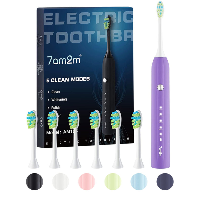 7AM2M Sonic Electric Toothbrush for Adults and Kids, One Charge for 90 Days, with 6 Brush Heads, 5 Modes with 2 Minutes Build in Smart Timer, Roman Column Handle Design(Purple) Purple - NewNest Australia