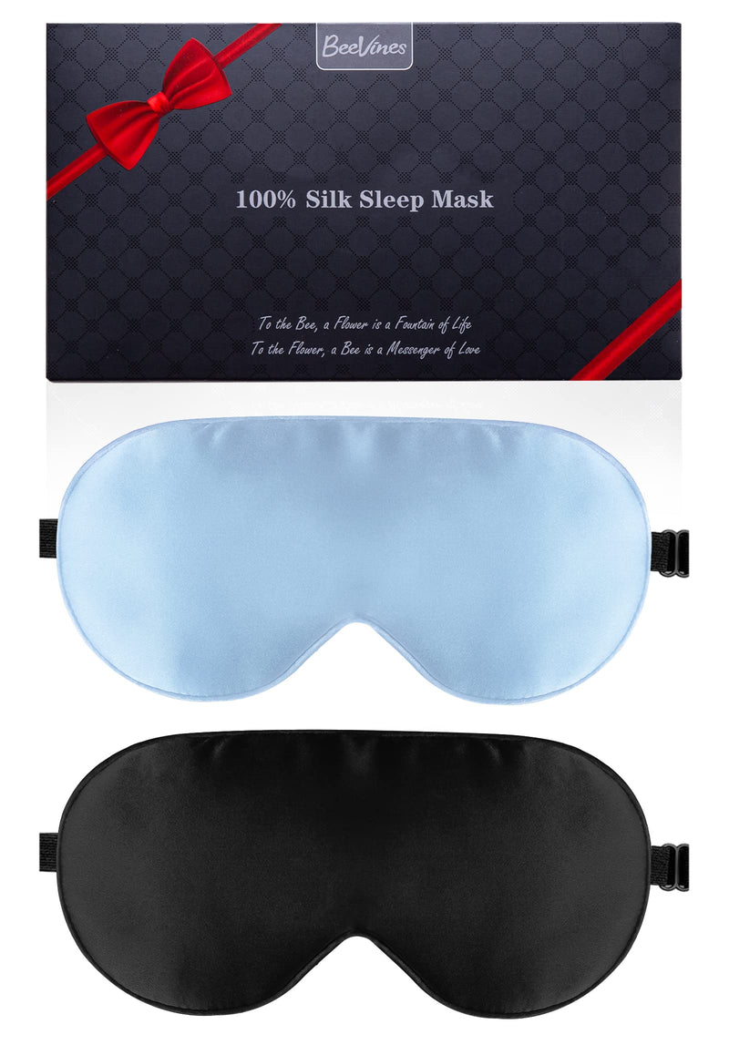 Silk Sleep Mask, 2 Packs 100% Real Natural Silk Eye Mask with Adjustable Straps Eye Sleep Mask, BeeVines Summer Travel Eye Sleep Sunscreen to Reduce Puffiness (Black & Pastel Blue) - NewNest Australia