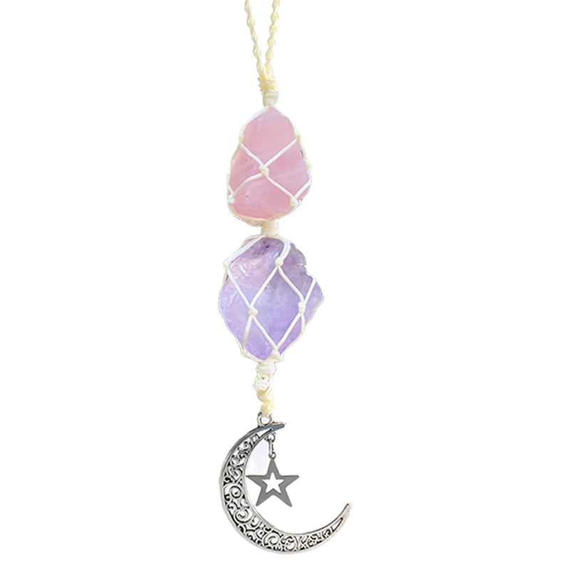 Crystal Car Hanging Ornament, Hanging Car Charm - Rose Quartz, Amethyst - Dangling Moon, Healing Crystal Accessories, Rearview Mirror Decorations - Love, Connection, Self-Worth, Balance,Energy - NewNest Australia