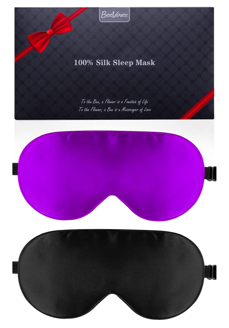 Silk Sleep Mask, 2 Pack 100% Real Natural Silk Eye Mask with Adjustable Strap, Eye Sleeping Mask, BeeVines Eye Sleep Shade Cover for Summer Travel Yoga Nap Reduces Puffy Eyes (Black & Rich Purple) - NewNest Australia