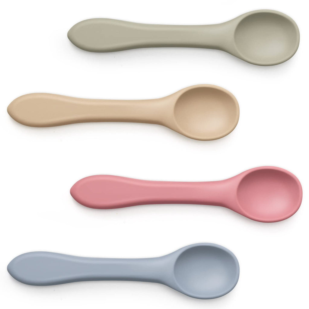 Baby Spoons 4 Pcs Weaning Spoons Safe Baby Cutlery Baby Weaning Set Training Toddler Spoons Baby Silicone Feeding Set for Above 3 Months (Blue Gray, Avocado Green, Khaki, Soft Lilac) - NewNest Australia