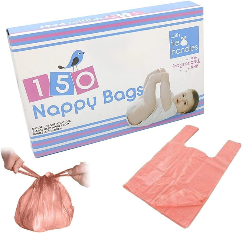 Nappy Bags - Disposable Baby Nappy Sack - Easy Tie Handles Diaper Bag -Nappy Bin Waste Sacks Bags- Scented Nappy Bags -For Home, Travel, Pets (150 Pack) 150 Pack - NewNest Australia