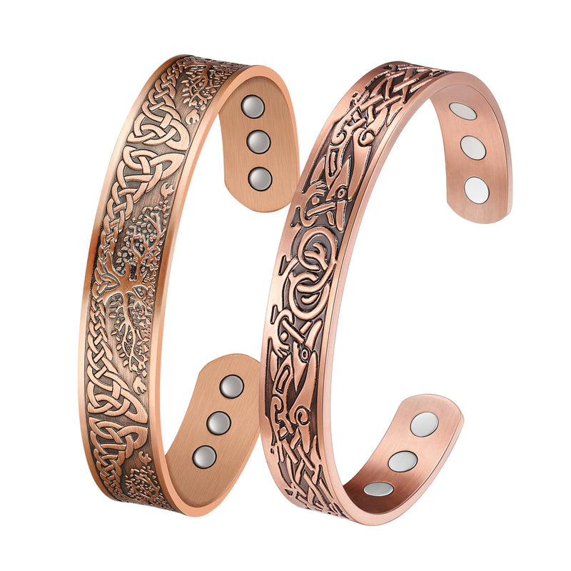 Jeracol Copper Magnetic Bracelet for Men Women,2 Pack 99.99% Solid Copper Cuff Bangle with Pattern Design Magnetic Bracelets with Ultra Strength Magnets,Adjustable Size Bracelet with Gift Box Tree-viking - NewNest Australia