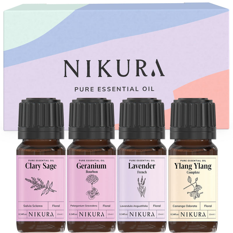 Nikura Floral Gift Set - 4 x 10ml | 100% Pure and Natural Essential Oils Including Clary Sage, Geranium, Lavender and Ylang Ylang (Complete) | Perfect for Gifts, Aromatherapy, Diffuser | Vegan & UK - NewNest Australia