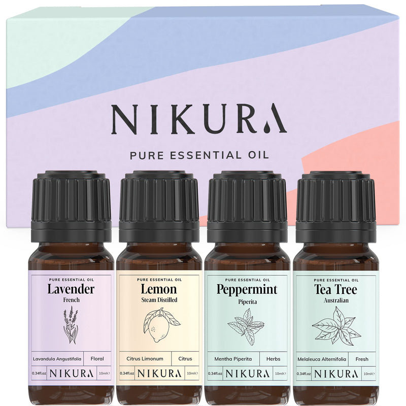 Nikura Best Sellers Gift Set - 4 x 10ml | 100% Pure and Natural Essential Oils Including Lavender, Lemon, Peppermint and Tea Tree | Perfect for Gifts, Aromatherapy, Diffuser | Vegan & UK - NewNest Australia