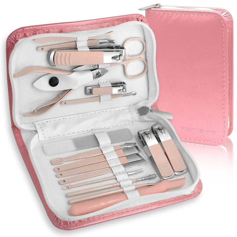 Manicure Set Professional Nail Clippers Kit With 18pcs Stainless Steel Nail Care Tools, Men Women Nail Grooming Pedicure Kit With Luxurious Leather Case Zip Bag For Home Care, Gift, Travel （Pink) Rose Pink-18Pcs - NewNest Australia