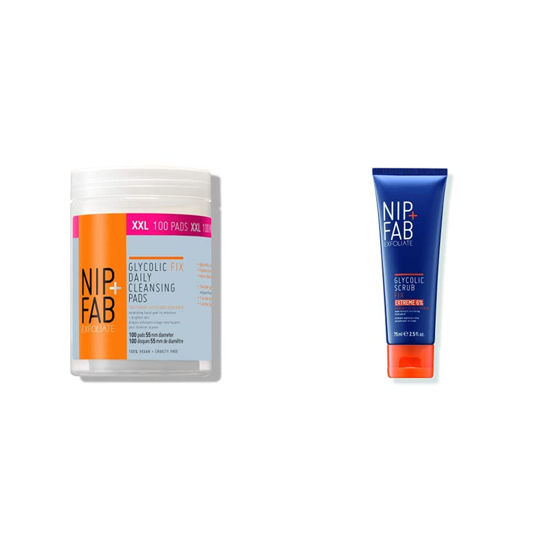 Nip+Fab Glycolic Acid Fix Daily Cleansing Pads for Face with Hyaluronic Acid | 100 Pads XXL & Glycolic Acid Fix Face Scrub Extreme with Salicylic Acid | 75 ml 2.5 fl oz + Face Scrub Extreme - NewNest Australia
