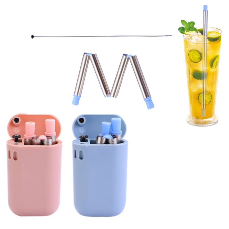 2 x His and Hers Collapsible Straw with Travel case (Stainless Steel) | Pink and Blue Foldable Straws | Reusable Environmentally Friendly Drinking Straw with Bonus Cleaning Brush | Portable Metal - NewNest Australia