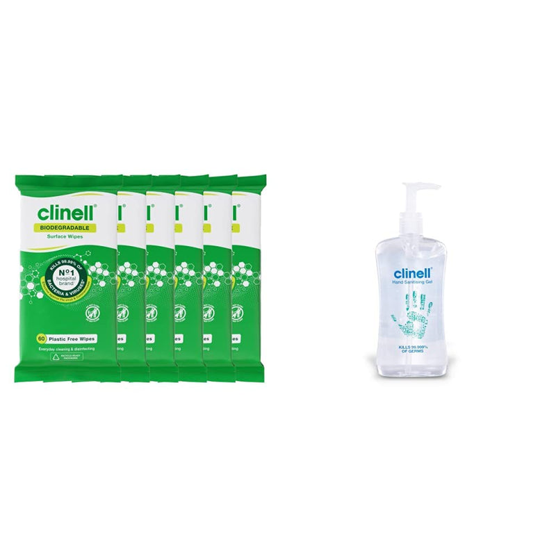 Clinell Universal Plastic Free Biodegradable Cleaning and Disinfectant Wipes for Surfaces - 6 Packs of 60 Wipes - Multi-Purpose Wipes, Green & GCIHS500 Hand Sanitiser Gel- 500ml bottle + Hand Sanitiser Gel, 500ml bottle - NewNest Australia