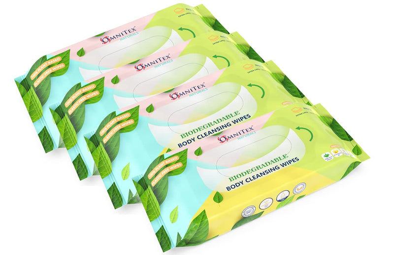 160x Omnitex Biodegradable Extra Large & Extra Thick Body Cleansing Wipes - Microwaveable | Rinse Free Wipes for Camping, Festivals, Elderly Bed Bath | Alcohol Free, With Aloe Vera & Vitamins | 4x40pk - NewNest Australia